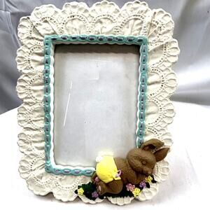 Rabbit Bunny Baby  Picture Frame Lace look 7 x 6" inside 4.5 x 3" stand